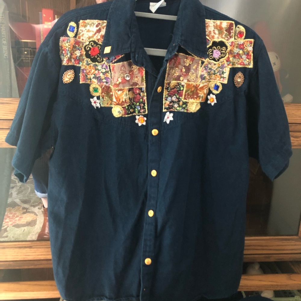 Funky Embellished Patchwork Short Sleeve Button Down